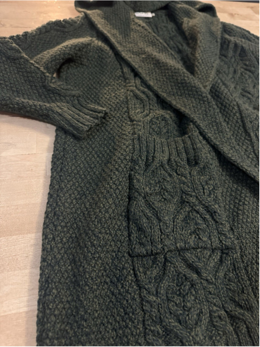 SAOL Womens 100% Merino Wool Irish Cardigan Aran Long Cable Knit Green XXL - Picture 4 of 10
